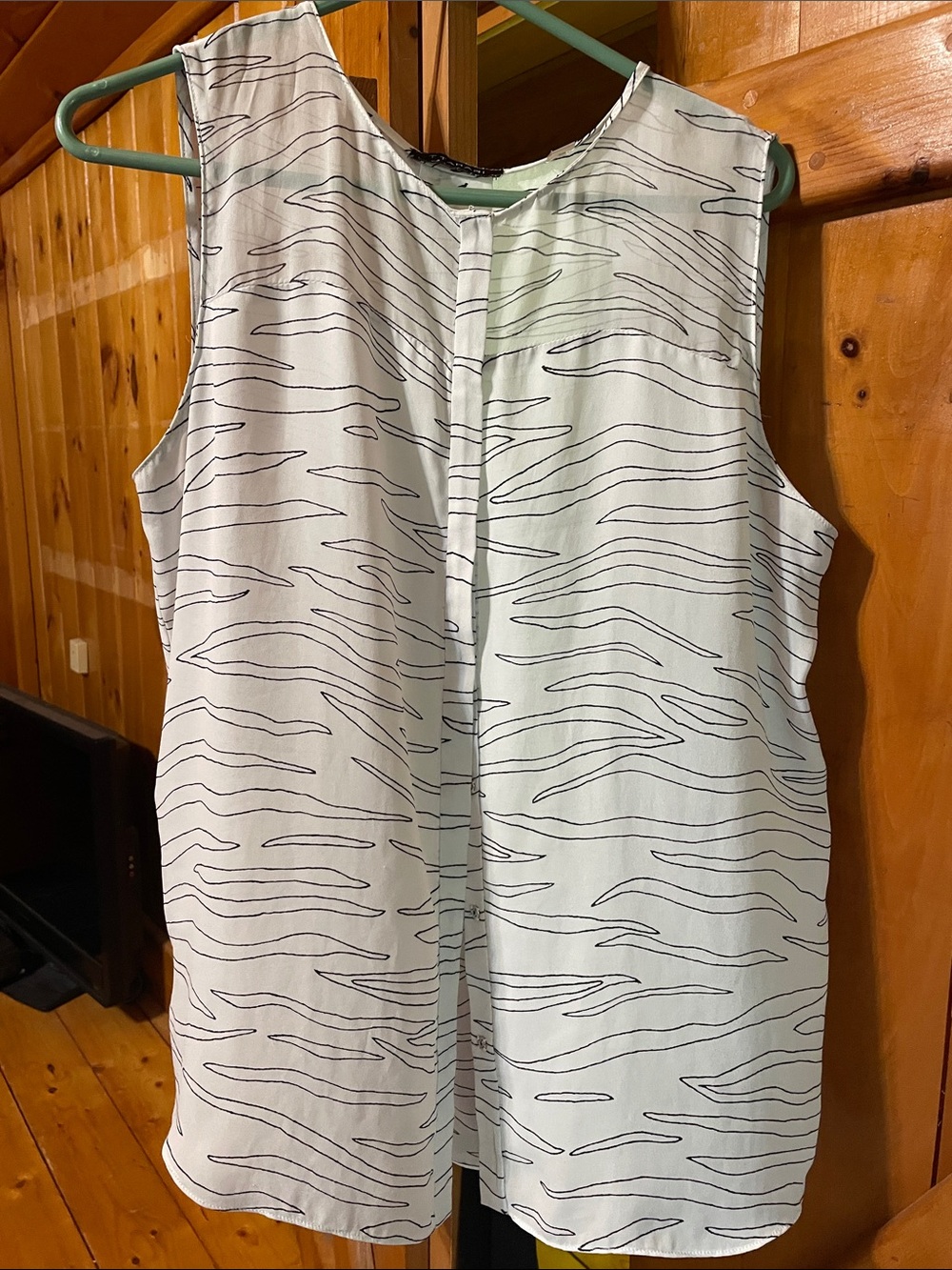 Tahari White Blouse with Black Wavy Stripe
